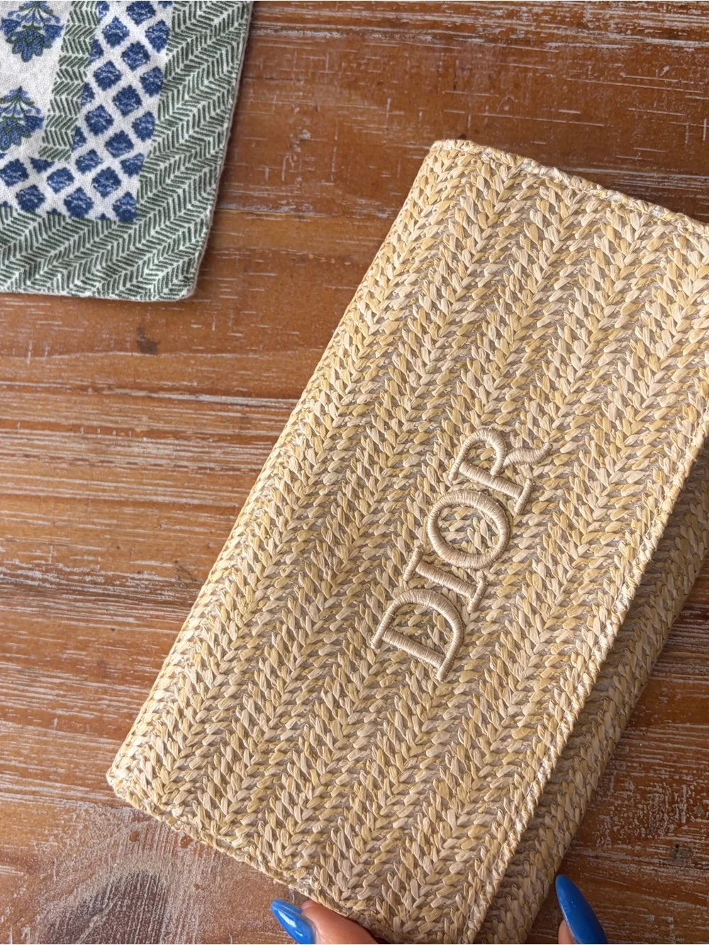 Dior Natural Straw Woven Accent Box with Embroidered Logo